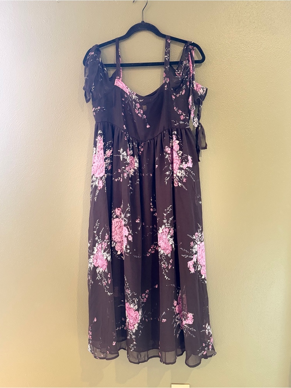 Free People Black Midi Dress with Pink Floral Print